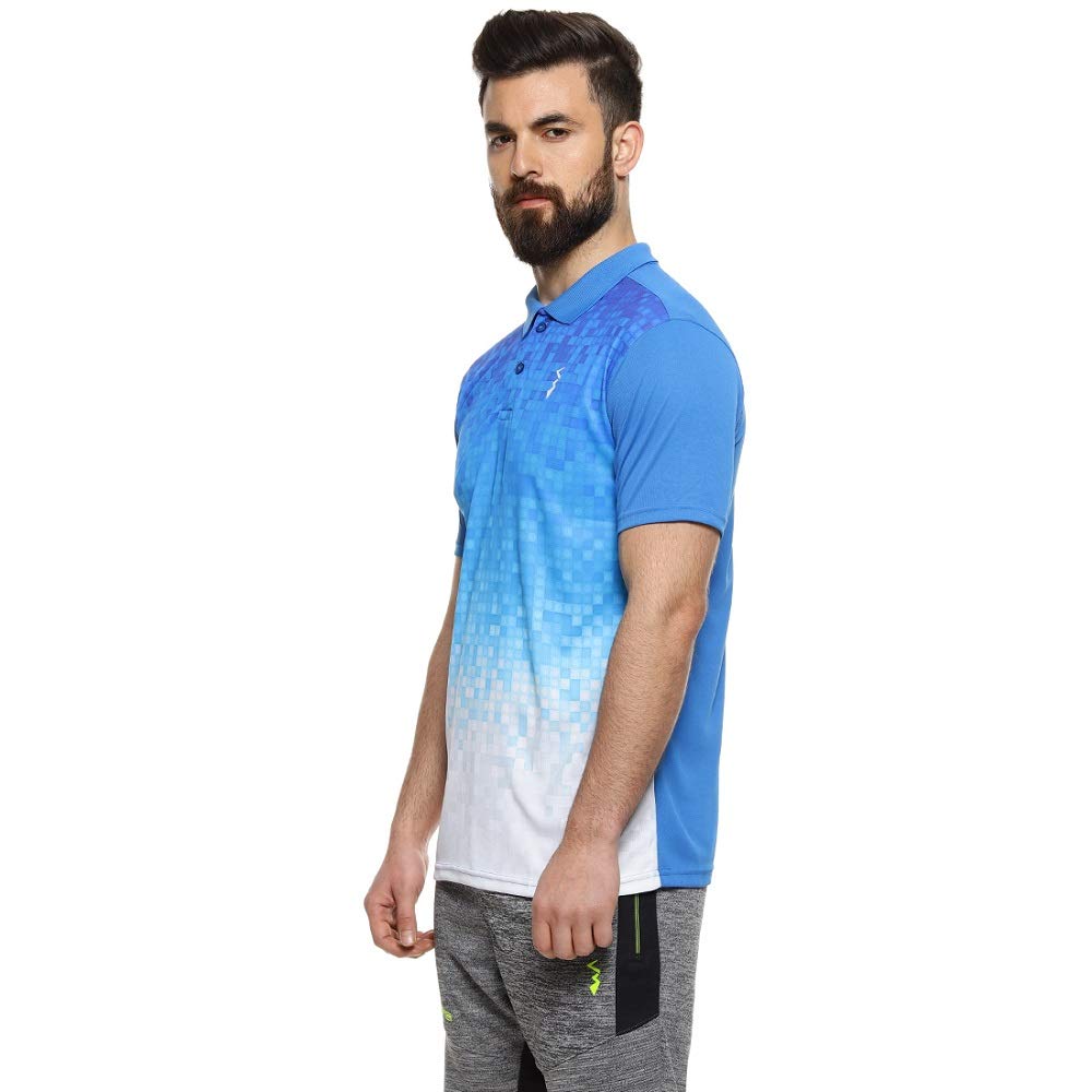 Campus Sutra Mens Blue & White Ombre Colour-Blocked Dri-Fit Half Sleeve Regular Fit T-Shirt for Casual Wear | Modern Clothing T