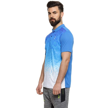 Campus Sutra Mens Blue & White Ombre Colour-Blocked Dri-Fit Half Sleeve Regular Fit T-Shirt for Casual Wear | Modern Clothing T