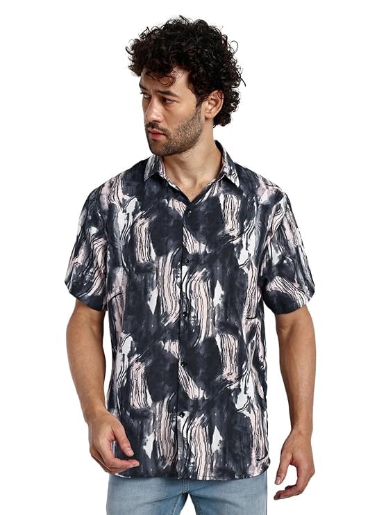 Greciilooks Geometric For Casual Stylish Printed Regular Fit | Men Formal Half Sleeve Shirt (Gl-Ms-6059_Black