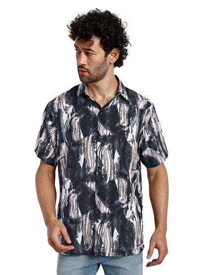 Greciilooks Geometric For Casual Stylish Printed Regular Fit | Men Formal Half Sleeve Shirt (Gl-Ms-6059_Black