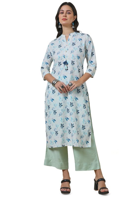 Soch Womens Off White Straight Linen Blend Printed Kurta with Tassels
