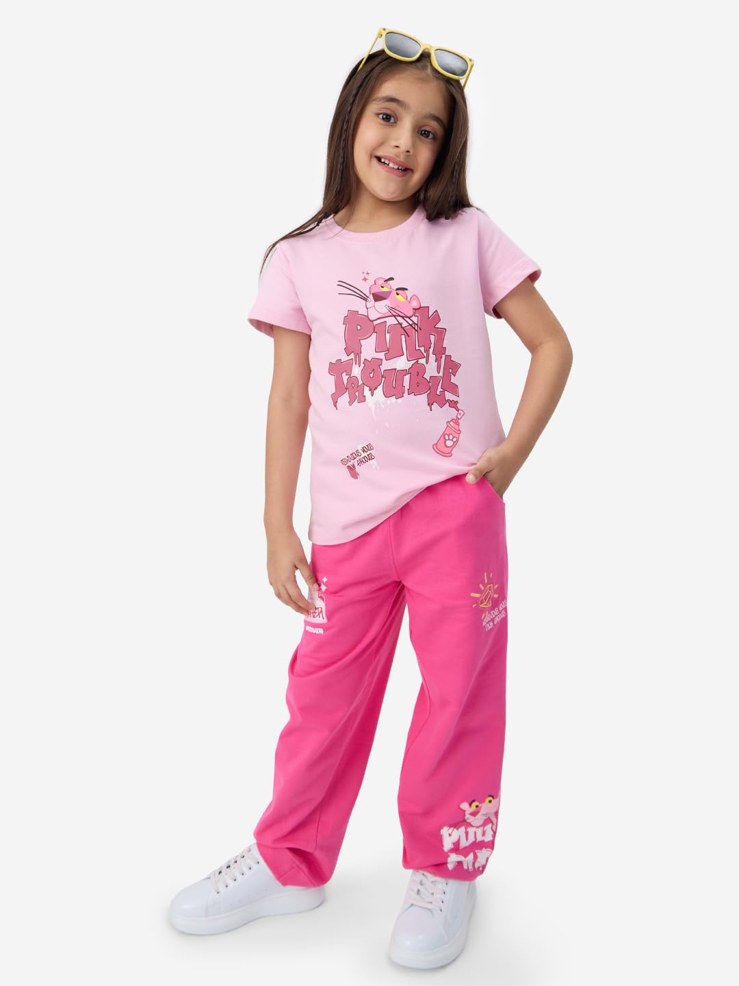 The Souled Store Official Pink Panther: Pink Trouble Girls Pink Graphic Printed Regular Fit Cotton T-Shirts