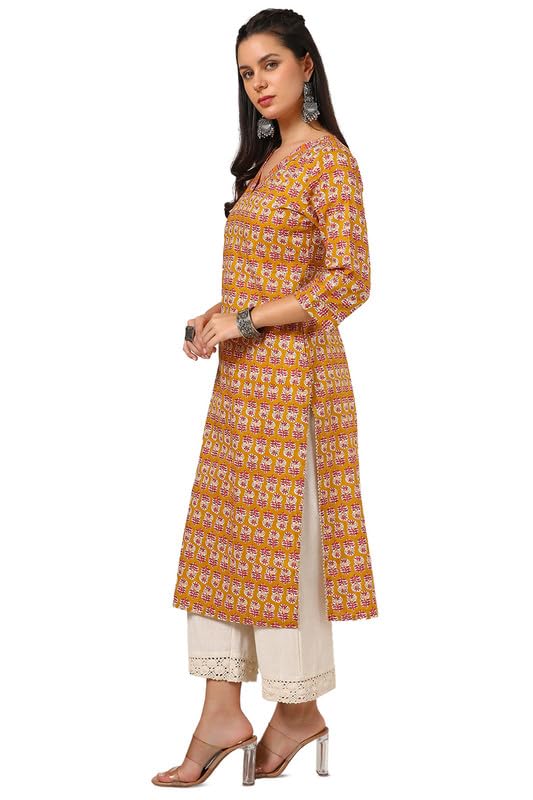 Soch Womens Mustard Cotton Botanical Print Kurta With Gotta Patti