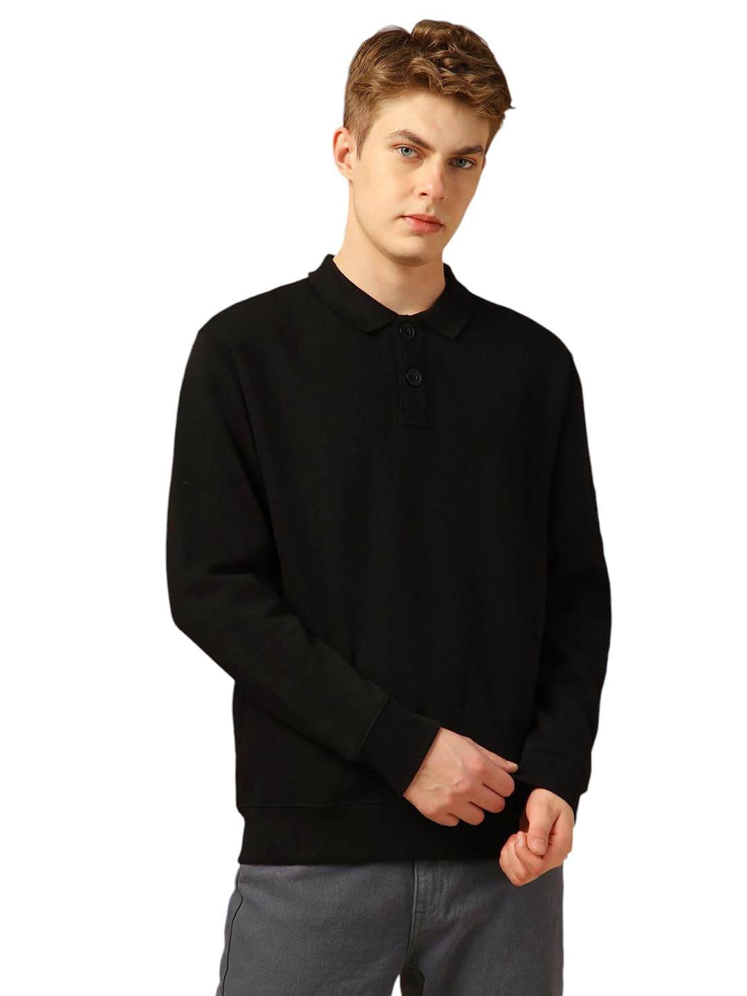 Dennis Lingo Men Regular-Fit Cotton Full-Sleeve Solid Sweatshirt Black