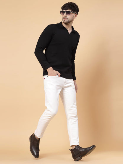 Rigo Printed Casual T-Shirts for Men | Waffle Knit Solid T-Shirt for Men | Full Sleeves T-Shirts for Men Black