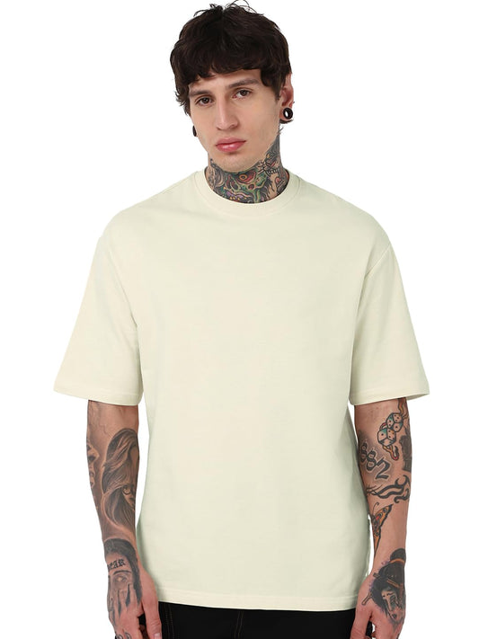Bewakoof Heavy Duty 1.0 Mens Solid Oversized Fit Half Sleeve Round Neck Terry T-Shirt_662220_Off White_XL