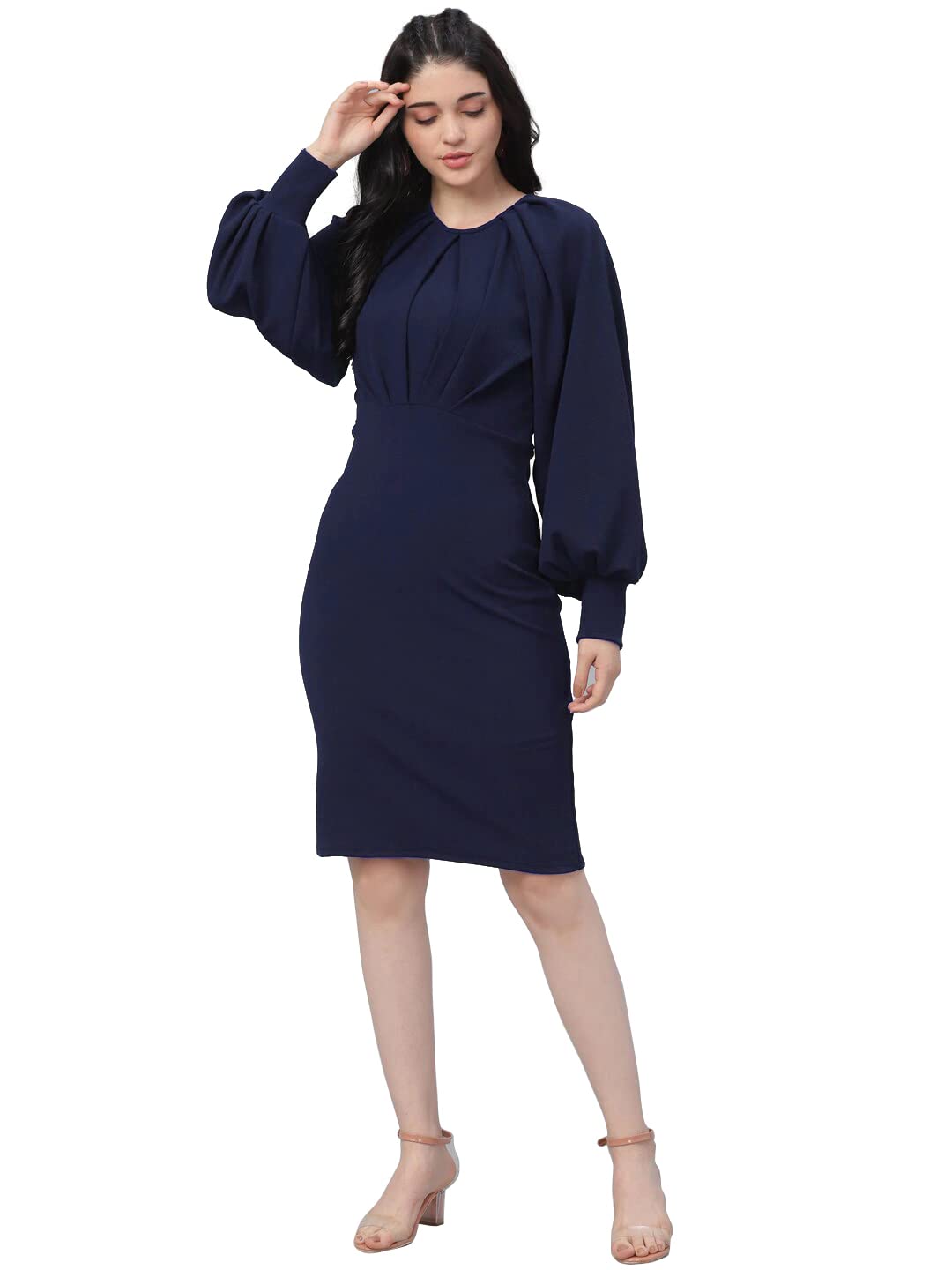Shasmi WomenS Comfortable Navy Blue Round Neck Full Sleeve Solid Midi Bodycon Casual Western Stylish Dress For Womens/Midi Dres