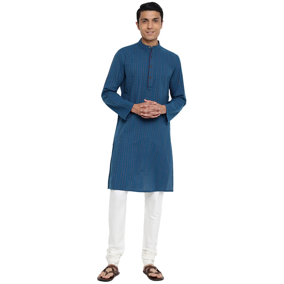 Fabindia Men Cotton Hand Block Printed Long Kurta Blue_L