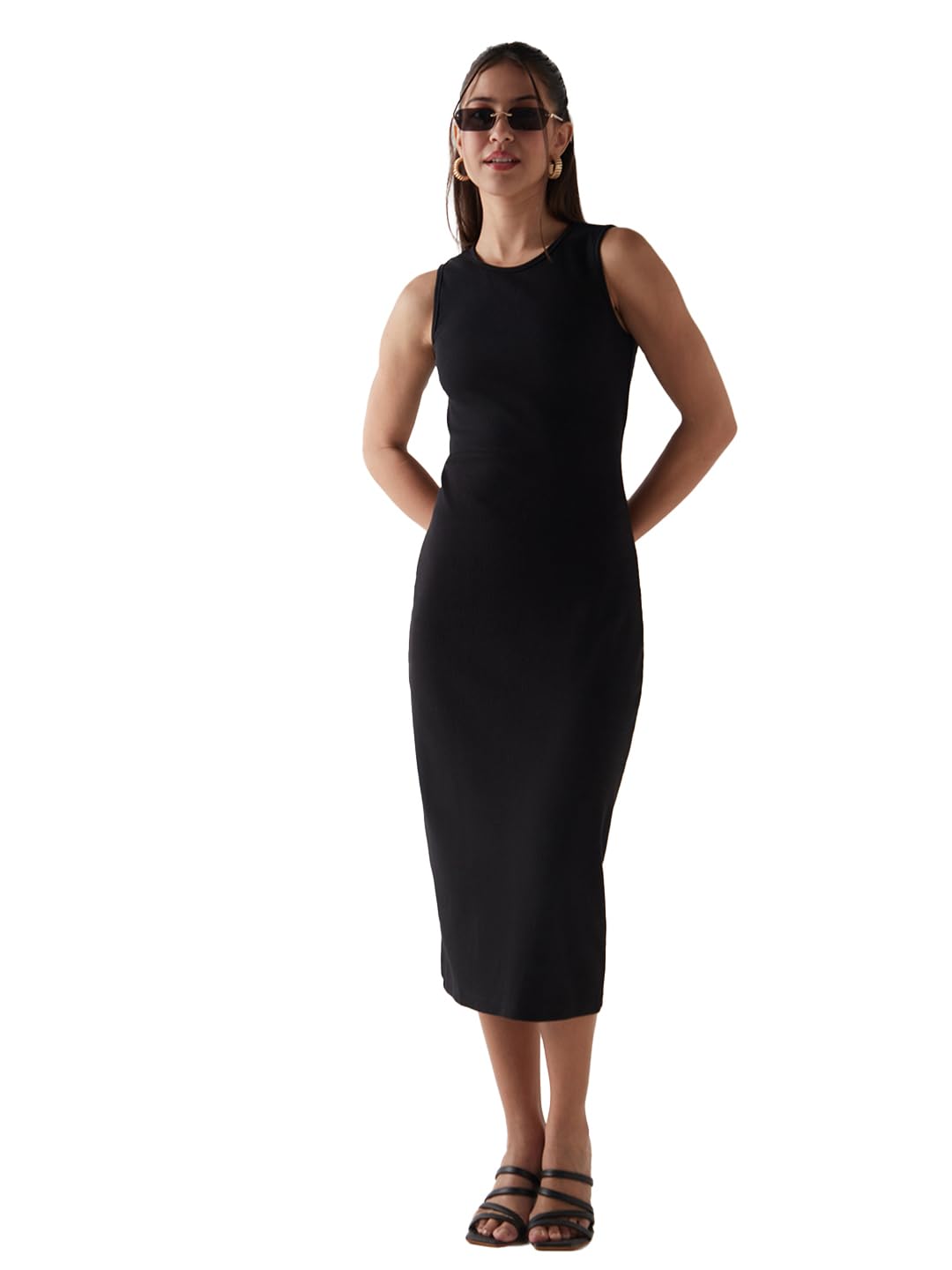Bewakoof WomenS Solid Slim Fit Sleeveless Round Neck Cotton Blend Bodycon_644916_Black_L
