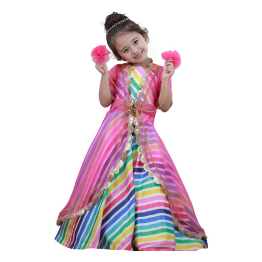 Naixa GirlS Satin Sleeveless Round Neck Pink Shrug With Multicolor Ethnic Printed Readymade Lehenga Choli Set For Every Occasio