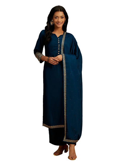 Libas Womens Solid Silk Blend Straight Kurta With Palazzos And Dupatta