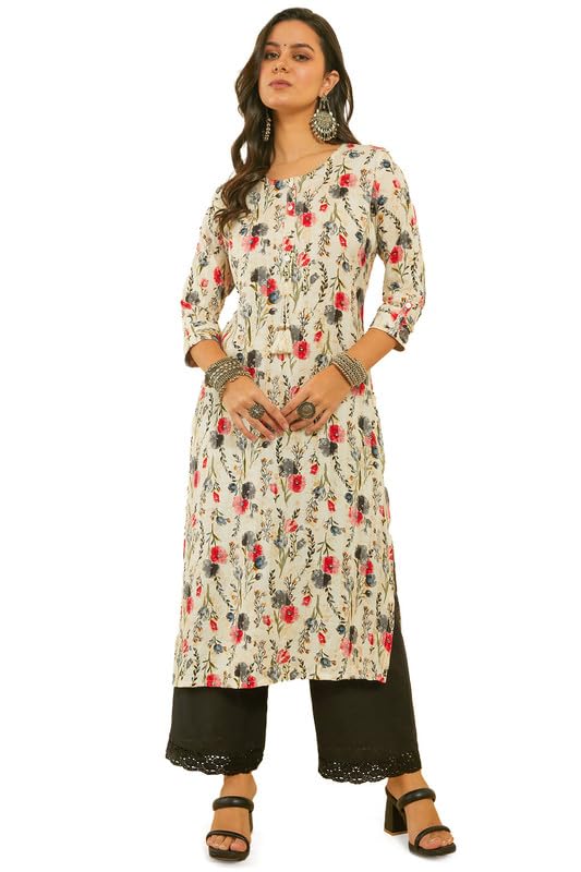 Soch Womens Grey Floral Print Rayon Straight Kurta With Kantha Weave