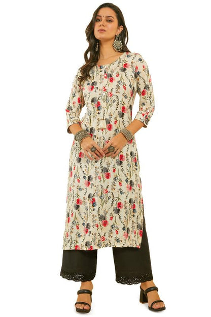 Soch Womens Grey Floral Print Rayon Straight Kurta With Kantha Weave