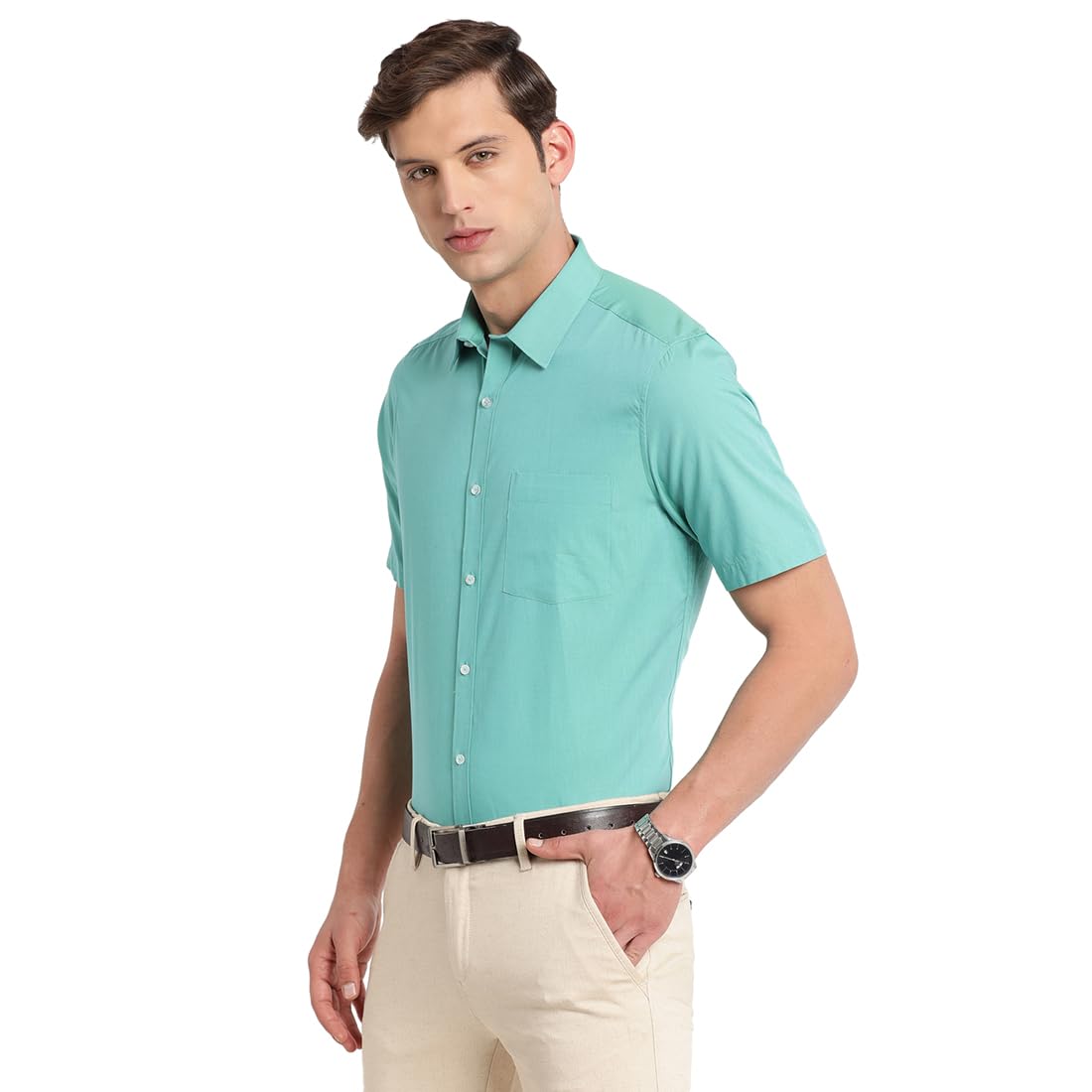 Turtle Men Green Slim Fit Solid Pure Cotton Formal Shirt