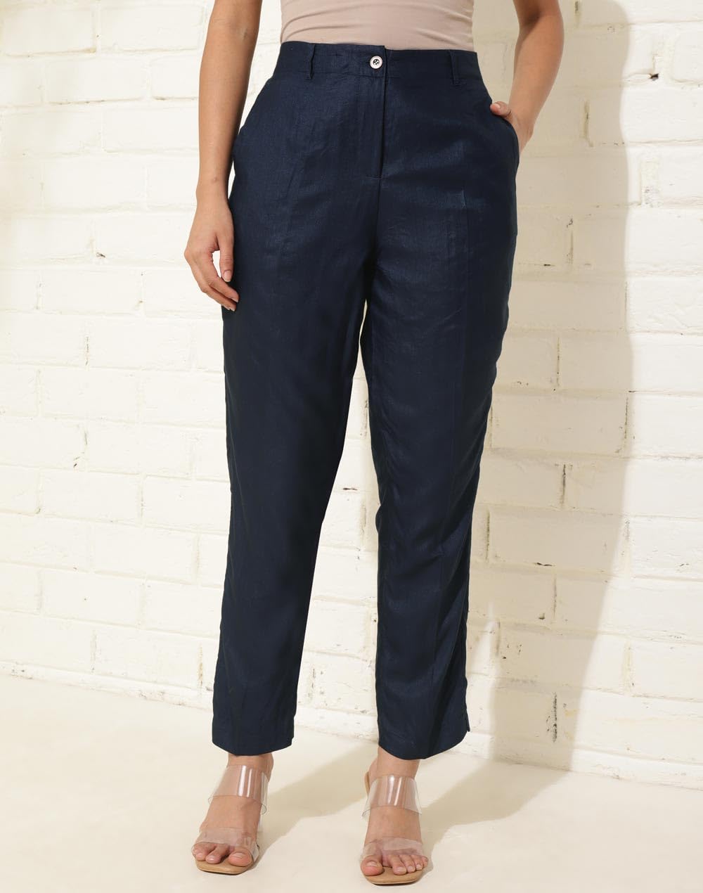 Fabindia Navy Viscose Silk Woven Slim Fit Casual Pant