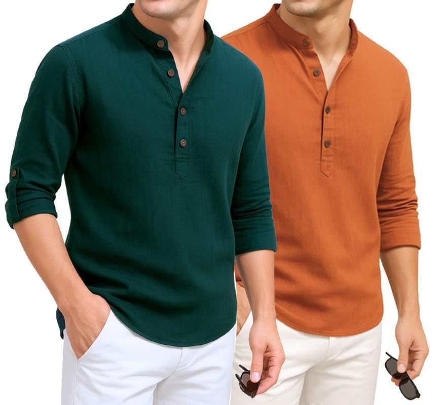 Deelmo Combo Of MenS Cotton Blend Solid Regular Fit Full Sleeve Short Kurta | MenS Trendy Short Kurta Pack Of 2