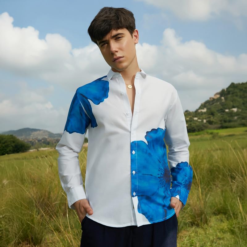 Campus Sutra Mens Royal Blue Primrose Flora Shirt for Casual Wear | Spread Collar | Long Cuffed Sleeves | Button Closure | Shir