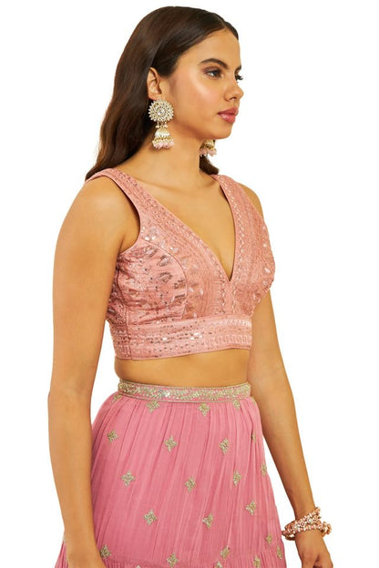 Soch Womens Peach Net Sequin Embellished V-Neck Back-Open Sleeveless Blouse