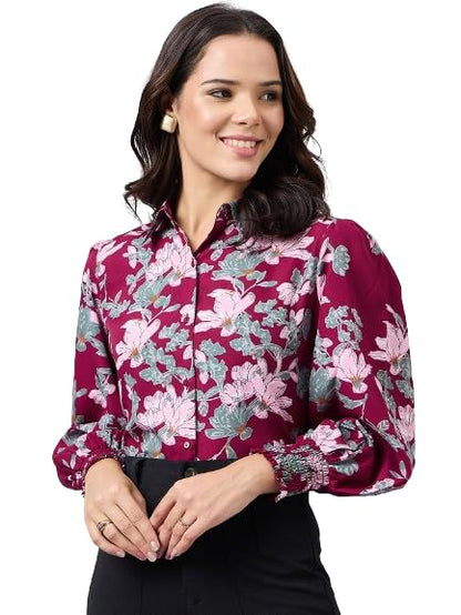 Style Quotient Women Maroon and Multi Floral Printed Polyester Regular Fit Smart Casual Shirt