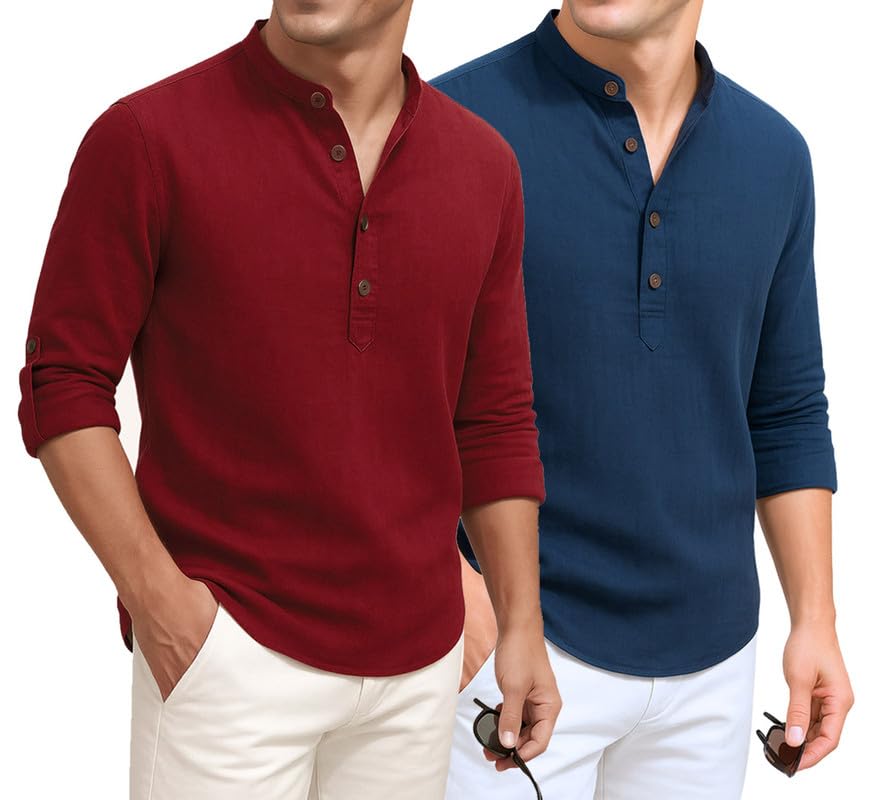 Deelmo Combo Of MenS Cotton Blend Solid Regular Fit Full Sleeve Short Kurta | MenS Trendy Short Kurta Pack Of 2 Red - Navy
