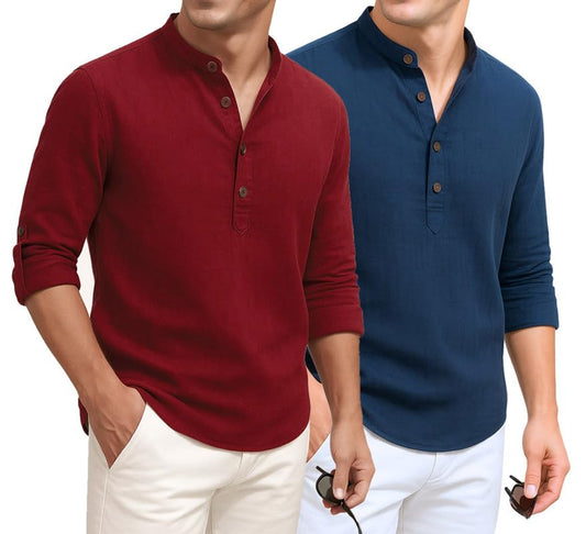Deelmo Combo Of MenS Cotton Blend Solid Regular Fit Full Sleeve Short Kurta | MenS Trendy Short Kurta Pack Of 2 Red - Navy