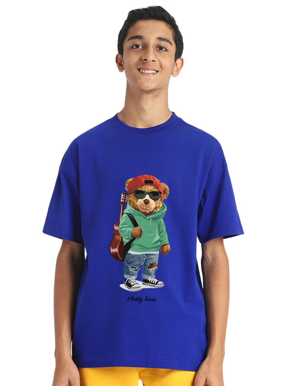 Veirdo Boys 100% Cotton Oversized Loose Fit Round Neck Funky Front Teddy Tunes Graphic Printed T-Shirt For Kids Teens