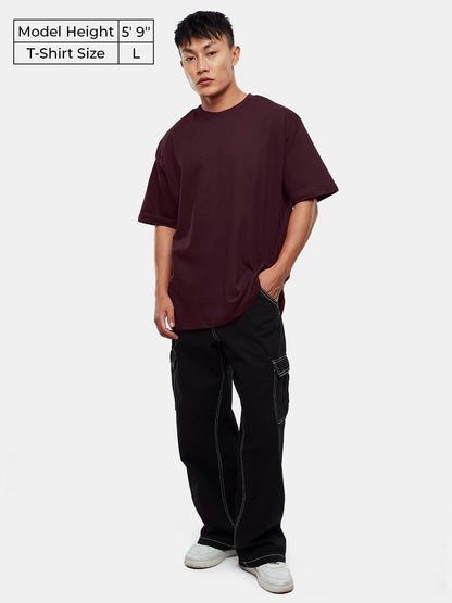 The Souled Store Solids: Pomogranate Men and Boys Oversized Fit Half Sleeve Cotton Maroon Color Men Oversized T-Shirts