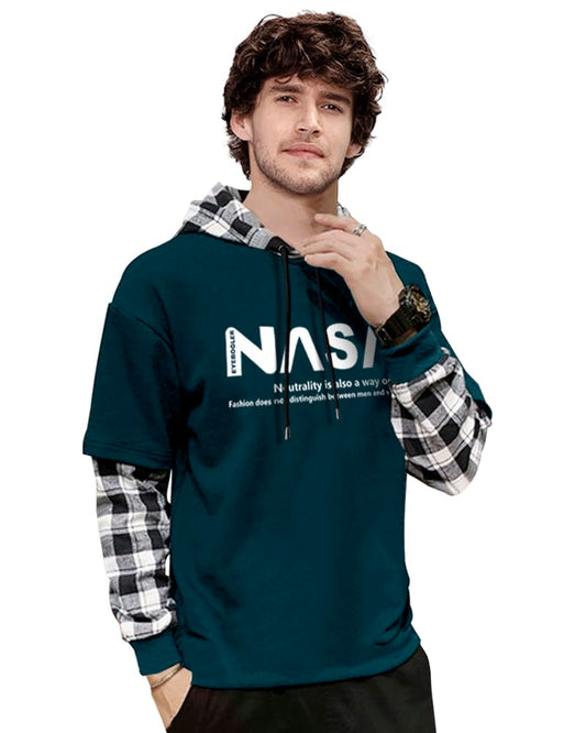 Eyebogler Mens Regular Fit Hooded Neck Full Sleeve Tshirt Teal Blue - White