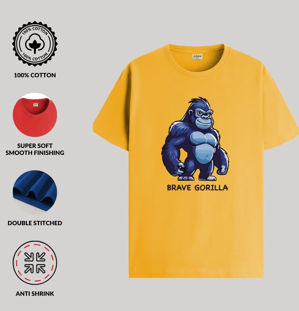 ADRO T Shirts for Boys & Girls || Gorilla Printed T-Shirt || Ages 3-14 || 100% Cotton Round Neck Tshirt for Boys & Girls||KRN-GO