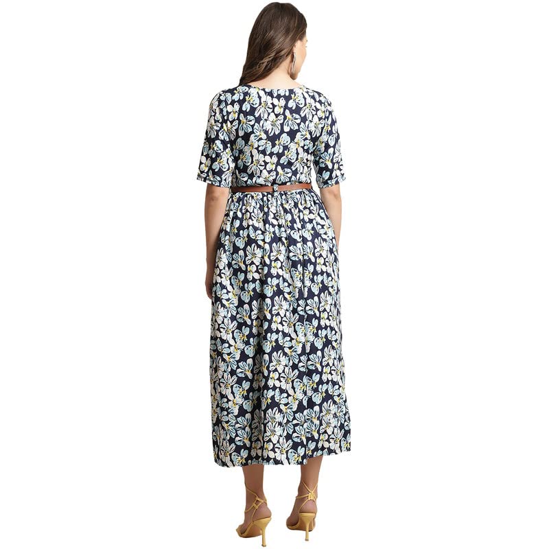 Preneum WomenS Georgette Floral Printed 3/4 Slevees A-Line Fit & Flare Gown With Beltindo-Western Ethnic Gown || A-Line Maxi Dr