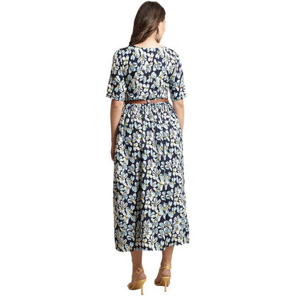 Preneum WomenS Georgette Floral Printed 3/4 Slevees A-Line Fit & Flare Gown With Beltindo-Western Ethnic Gown || A-Line Maxi Dr