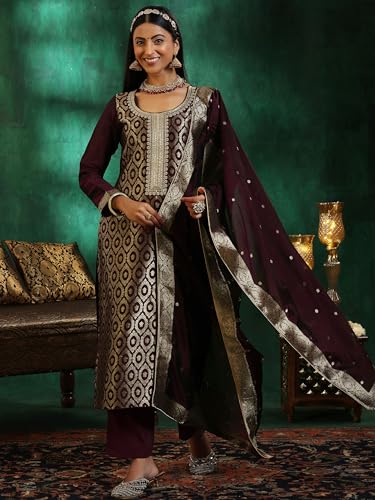 Libas Womens Woven Design Silk Blend Straight Kurta With Palazzos And Dupatta