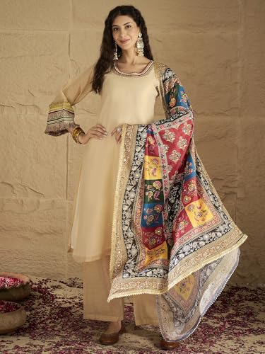 Varanga Women Elegant Beige Shimmer Kurta Set With Intricate Lace Detailing, Paired With Solid Trousers And Patola Printed Dupat