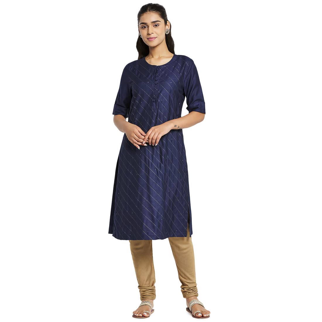 Fabindia Women Silk Straight Slim Fit Knee Length Kurta Viscose_ Navy Blue