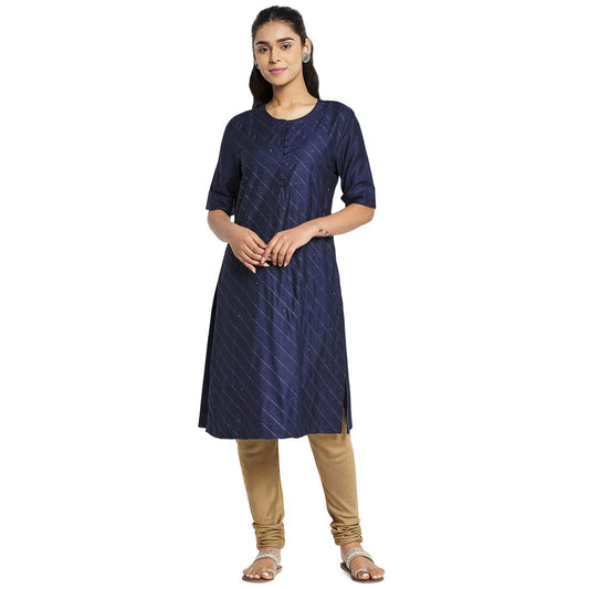 Fabindia Women Silk Straight Slim Fit Knee Length Kurta Viscose_ Navy Blue