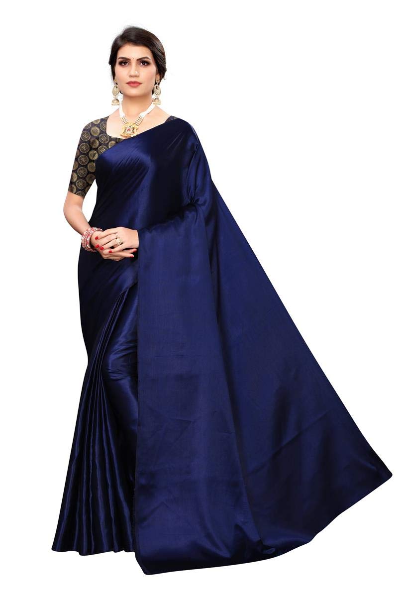ANNI DESIGNER Womens Navy Color Satin Saree With Blouse Piece (DUST NAVY_Free Size)