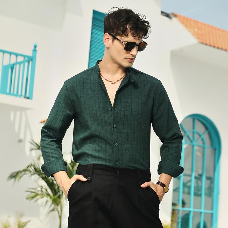 Campus Sutra Mens Emerald Green Pinstriped-Tactile Shirt for Casual Wear | Mandarin Collar | Long Cuffed Sleeves | Button Closu