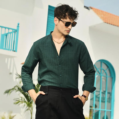 Campus Sutra Mens Emerald Green Pinstriped-Tactile Shirt for Casual Wear | Mandarin Collar | Long Cuffed Sleeves | Button Closu