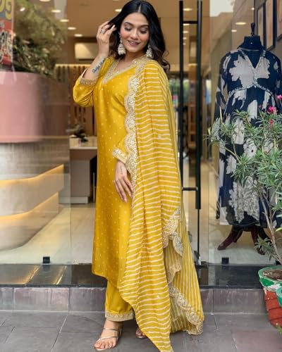LookMark Womens Silk Blend Table Print Kurta Pant Set with Mal Cotton Digital Print Dupatta and Embroidery Work Suitable for Ev