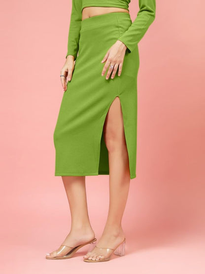 OOMPH! Ribbed Lycra Pencil Skirt with Side Slit for Women Green - msk126