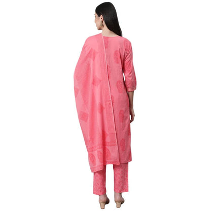 anubhutee Women's Cotton Pink Gota Patti Ethnic Motifs Printed Straight Kurta Suit Set with Pants and Dupatta