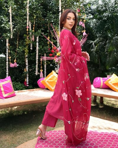 ANNI DESIGNER Printed Viscose Rayon Kurta with Trousers & Dupatta, Large, Pink, Model ROKA RANI