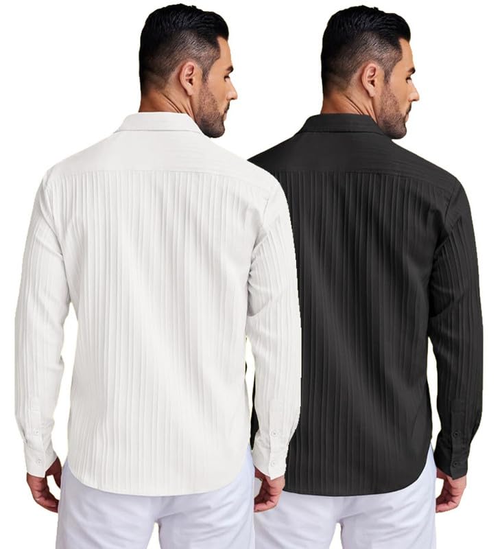 Deelmo Combo Of MenS Casual Button Down Shirts Long Sleeve Linen Shirt Fashion Textured Summer Shirts Pack Of 2 White - Black
