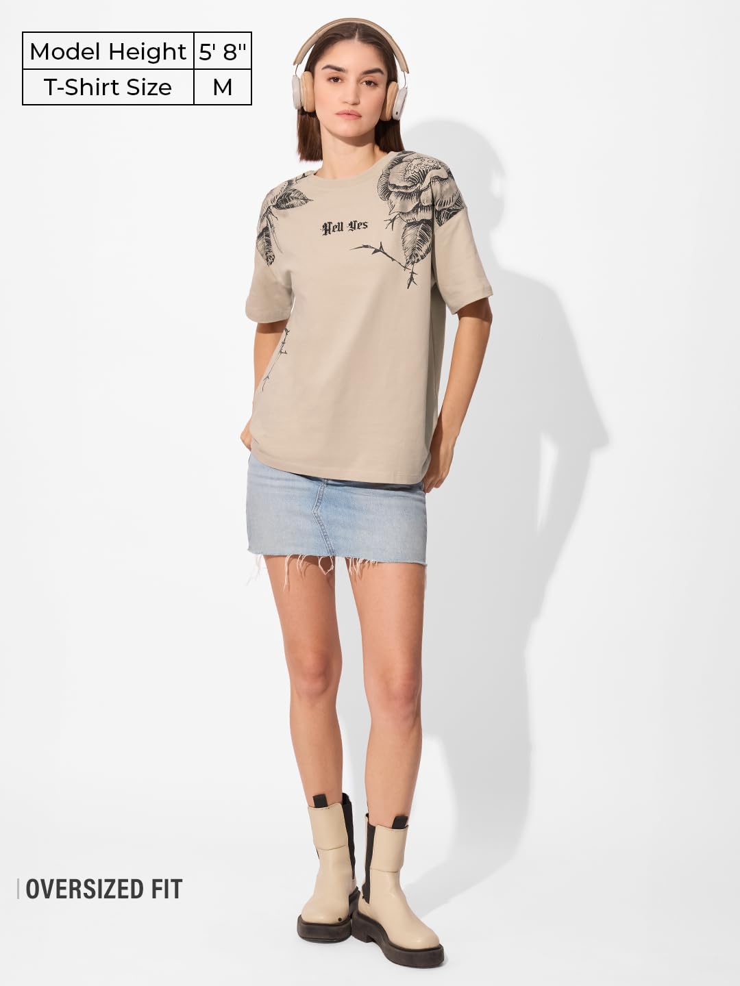 The Souled Store Hell Yes Women and Girls Short Sleeve Round Cotton Oversized T-Shirts Beige