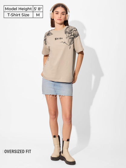 The Souled Store Hell Yes Women and Girls Short Sleeve Round Cotton Oversized T-Shirts Beige