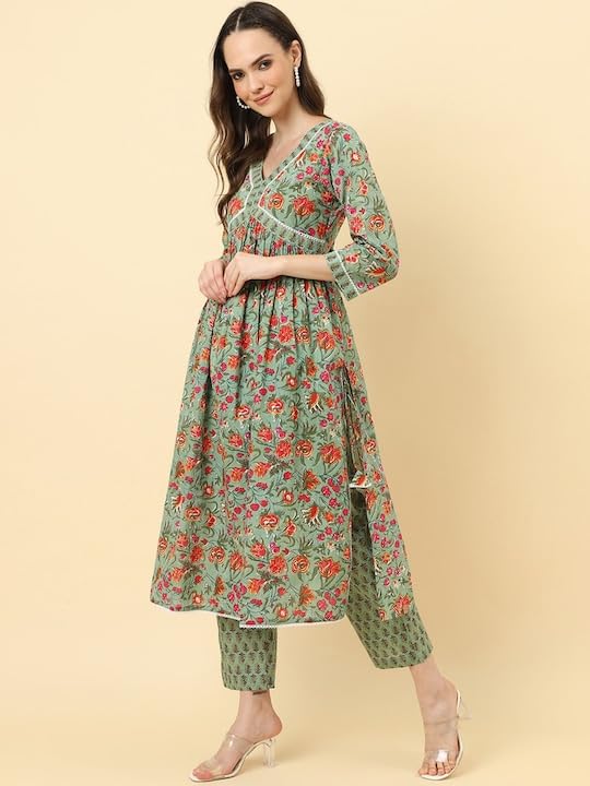 Varanga Women Olive Floral Printed A-Line Kurta With Side Slits Paired With Tonal Bottom And Dupatta