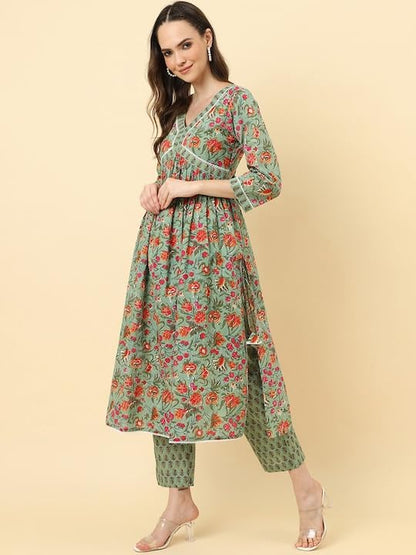 Varanga Women Olive Floral Printed A-Line Kurta With Side Slits Paired With Tonal Bottom And Dupatta