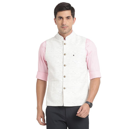 Turtle Men Poly Viscose White Printed Party Nehru Jacket