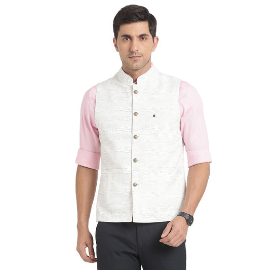 Turtle Men Poly Viscose White Printed Party Nehru Jacket