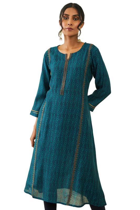 Soch Womens Navy Blue Muslin Printed A-Line Kurta With Zari Embroidery Details